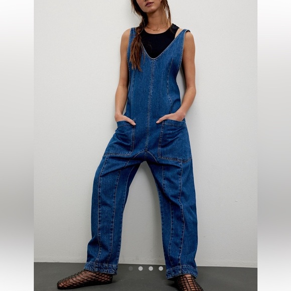 new Free People High Roller Jumpsuit denim overalls in Sapphire blue dark wash - Picture 1 of 6